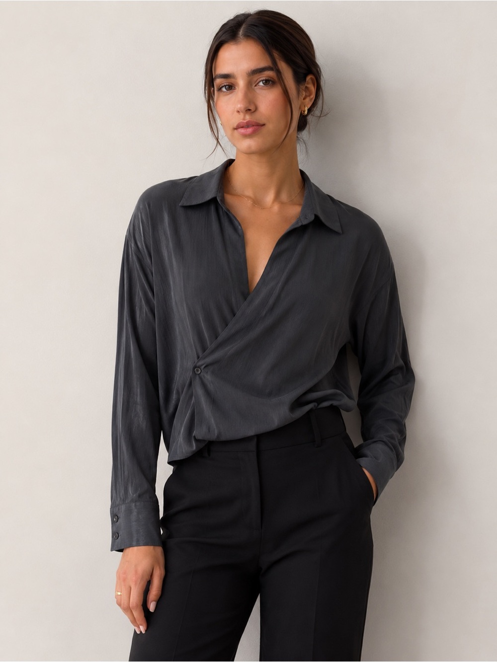 Topshop Wrap Front Shirt Charcoal Gray Long Sleeve Size US 2